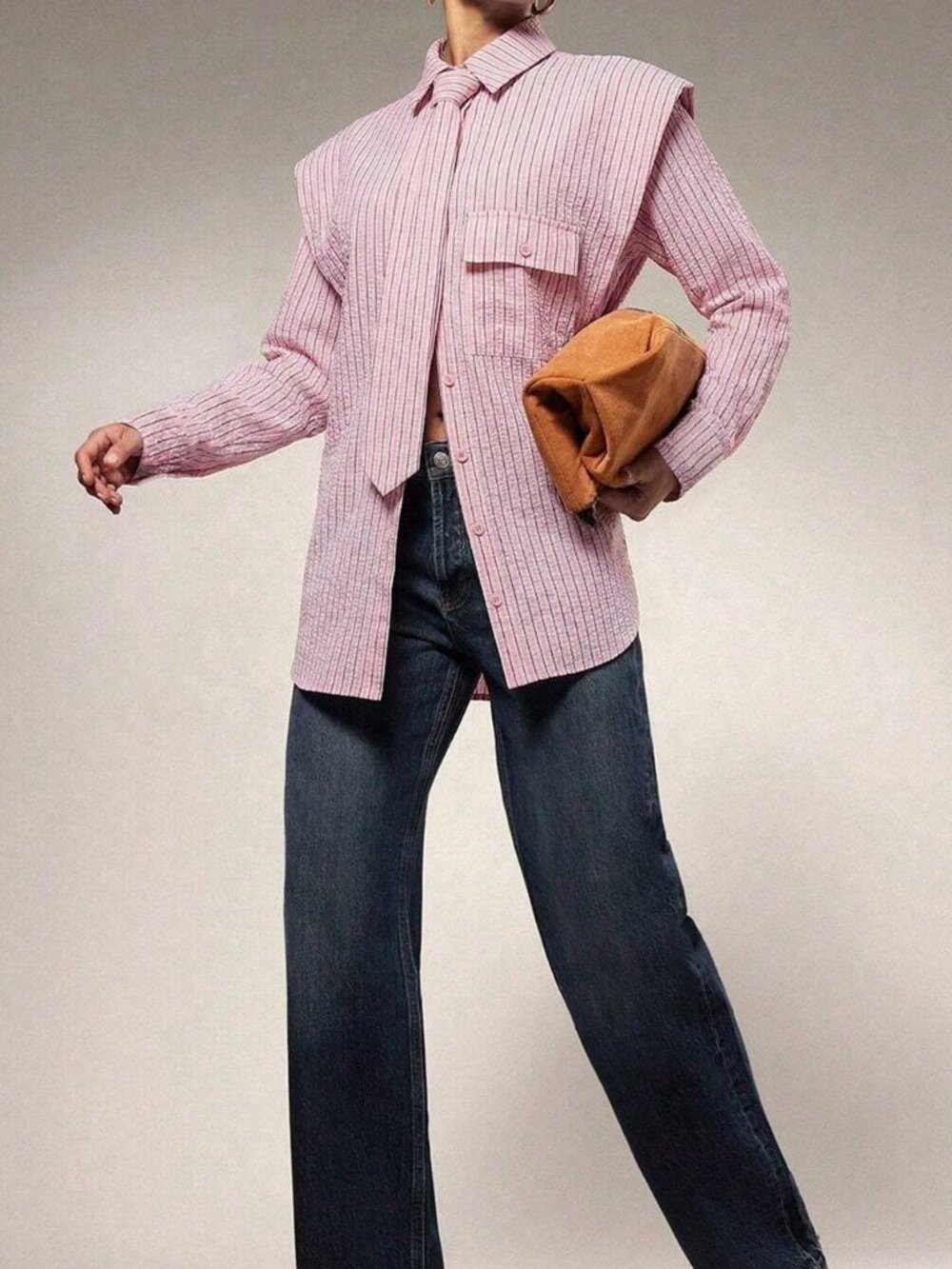 Multicolor Casual Women's Tie Front Exaggerated Shoulder Shirt